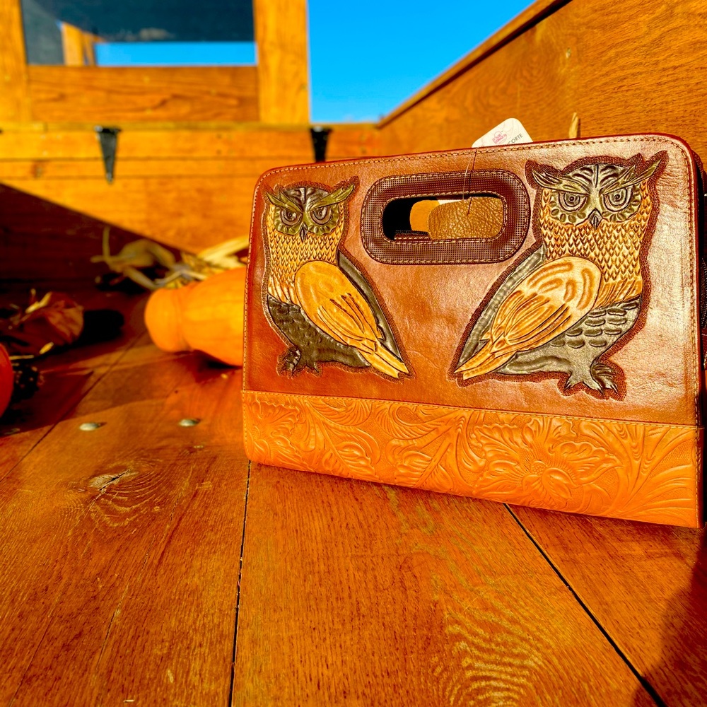 Lucy owl handmade leather clutch crossbody bag
